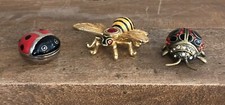 Set of 3 Enamel Metal Jeweled Bejeweled Lady Bug Bee Hinged Trinket Box Pill Box picture