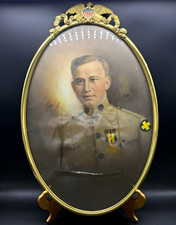 Antique WWI US Army Soldier Portrait Oval Brass Eagle Flag Frame Military Photo picture