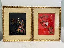 x2 Vtg Framed Silk Thread Embroidery On Red Silk & Black Colorful Birds 18x15 picture