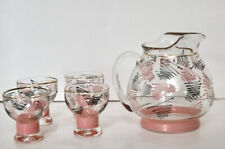 vintage hand painted MCM small glasses and pitcher pink and black picture