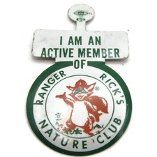 Vintage 1959 Ranger Rick's Nature Club Pinback Button NWF Tab Pin Raccoon Mascot picture