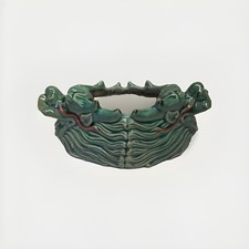 Vintage Chinese Double Dragon Green Glazed Ceramic Planter Majolica Style picture