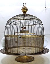 1920s Antique HENDRYX Brass Birdcage on Pedestal with Milk Glass HENDRYX Feeders picture