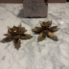 PAIR VINTAGE SOLID BRASS CANDLEHOLDERS, POINSETTIA , INDIA picture