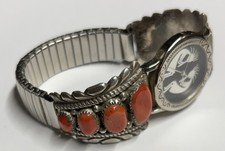 Vintage Signed Robert Bernice Leekya Coral Sterling Watch Band Tips RLB Zuni picture