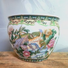 Vintage Satsuma Asian Fish Bowl Planter Chinoiserie Birds Koi Floral Gold gilt picture
