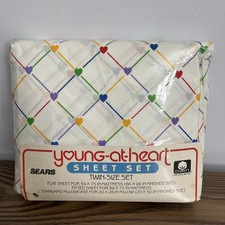 Vintage Sears Young At Heart Rainbow Hearts Twin Size Sheet & Pillowcase Set picture