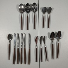 16 Pcs Vtg Epic Forged Stainless Steel Silverware/Flatware - Wood Handle - MCM picture