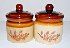 Vintage 70s Two Tone Brown Drip Stoneware Condiment Jars Pots Wheat Pattern Pair picture