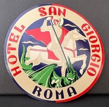 HOTEL SAN GIORGIO ROMA~LUGGAGE LABEL~ROME ITALY~KNIGHT IN ARMOR ON HORSE picture