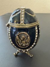 Fabergé Style Imperial Eagle Trinket Box - Blue & Gold Crystal Encrusted Egg picture