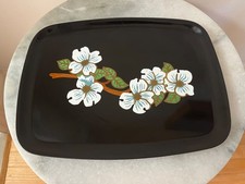Rare Vintage Couroc Monterey Tray Dogwood blossoms black white green wood picture