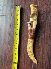 Vintage Sami Lapland 3 Knife Set Carved Antler Sheath Scandinavian Folk Art picture