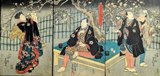 Antique Japanese Woodblock Print Triptych by Kunisada Actors Emjoying Ume c.184 picture