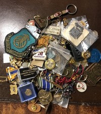 1.3/4 Lbs Junk Drawer Lot Military Political Collectible Various Pins Tchotchkes picture