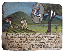 VTG HP MEXICAN TIN RETABLO APOSTLE SANTIAGO HELPS HUSBAND STOP DINKING in 1917 picture