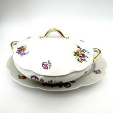 Haviland Limoges France Floral Porcelain Soup Tureen with Underplate Gold Trim picture