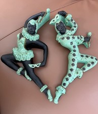 PAIR OF VINTAGE MID CENTURY UNIVERSAL STATUARY CHALK WARE HARLEQUIN DANCERS picture