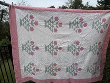 vintage Pink Green White Floral Basket Quilt 64 X 82 picture