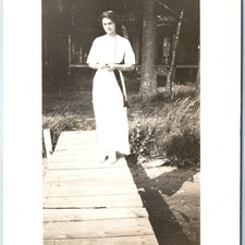 c1910s Elegant Young Woman White Dress Dock RPPC Fashion Portrait Photo Postcard picture