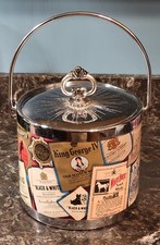 Vintage MCM Whiskey Themed Home Bar Chrome Thermo Lined Ice Bucket Cooler  picture