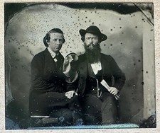Early Tintype Two Men Friends Holding Hat & Documents NEFF's PATENT 1860s picture