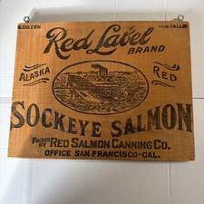 Vintage Red Label Salmon Alaska Wood Crate Shipping Box End picture