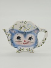 Vtg Miss Priss lefton Teabag Holder Blue Cat Daisy Kitschy picture