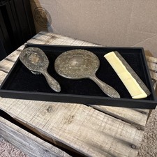 Vintage Silver Plated Vanity 3pc Set Ornate Etched Set Victorian Romantic W Tray picture