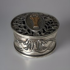 Roman Inc 1998 Round Pewter Trinket/Rosary Lined Box Ornate Lid w/Chalice~JHS picture