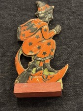 Antique 1920's Germany Halloween Skittle Broomed Witch Crescent Moon Germany picture