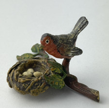 Vienna Bronze Cold Painted Robin With A Nest Miniature Figurine-Rare Vintage picture