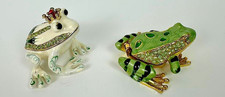Frog Prince Enamel Trinket Boxes Lot of 2 Jeweled Rhinestone Hinged Metal Case picture