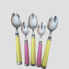 VTG MCM 5 Dessert Spoons Stainless Steel Heads Colorful Handles 1960'S Art Deco  picture