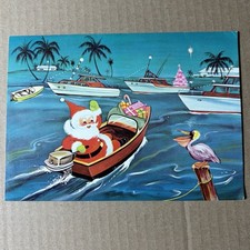 Vintage Mid-Century Christmas Card Sun coast Studio Florida Santa Speedboat picture