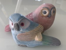 Vintage Wooden Owl Figurines Lot of 2 Hand Carved Painted Pink Blue Whimsical picture