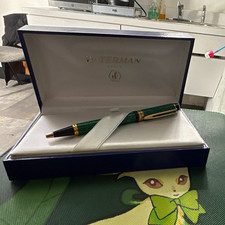 Waterman Green Marble Resin Ballpoint Pen Black Ink Gold Trim w/ Box picture