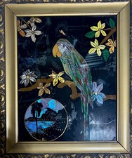 Vintage Brazilian Reverse Painted Glass Art Featuring Parrot and Rio Landscape picture