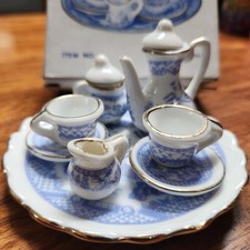 Vintage Blue Willow MINI Tea Set Pot 2 Cups and Saucers Sugar Creamer With Lids picture