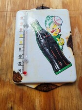 VINTAGE COCA COLA PORCELAIN SIGN METAL THERMOMETER SODA COKE BOTTLE BOY POP picture