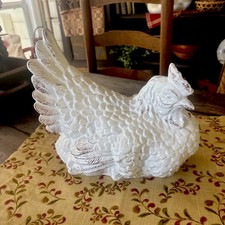 Vintage White Ceramic Hen Figure Farmhouse Primitive French Country Distressed picture