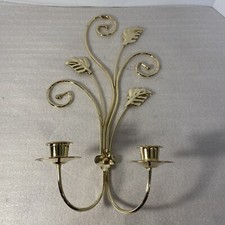 Vtg Homco Home Interior Brass MCM Leaf Wall Sconce Candleholder Scroll Leaves picture