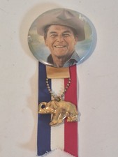 RARE 1980 Ronald Reagan Pres Campaign Button w/Ribbon, Elephant Charm-MINT picture