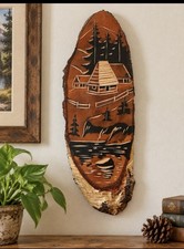 Vintage USSR Soviet Ukraine Carved Wood Wall Plaque Cabin Landscape Folk Art picture