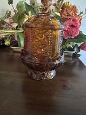 Vintage MCM Amber Indiana Glass Bars and Stars Fairy Lamp 2 pc picture