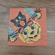 Vtg Halloween Crepe Paper Napkin FRENZIED CAT on JOL / Fence Pumpkins CUTE picture