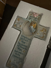 Roman Inc. Ceramic Prayer Bear Cross BLUE BOY picture