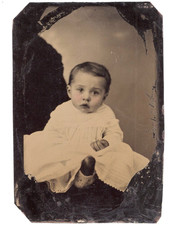 1860s 1870s Baby Boy Sitting on Lap Cheek Tint 1/6 Plate Tintype Antique picture