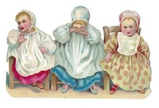 1888 Chromo decoupis, COLORFUL CRY BABIES, Antique Die-Cut Scrap, 4-3/4