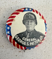 Vintage 1940s General George S. Patton Cello Photo Pinback Button Red White Blue picture